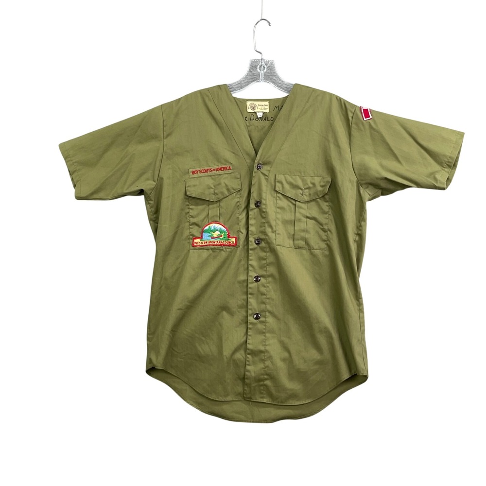 Boy Scouts of America Uniform Shirt Kid 15 Green Western Montana Council Vintage